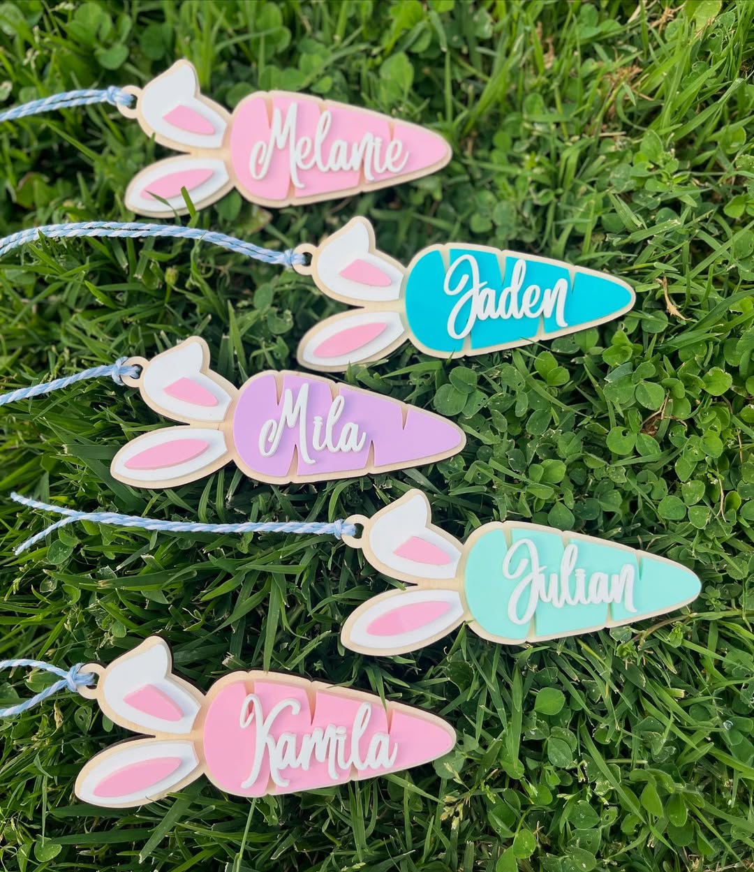 Personalized carrot bunny-ear Easter basket tags in pastel colors