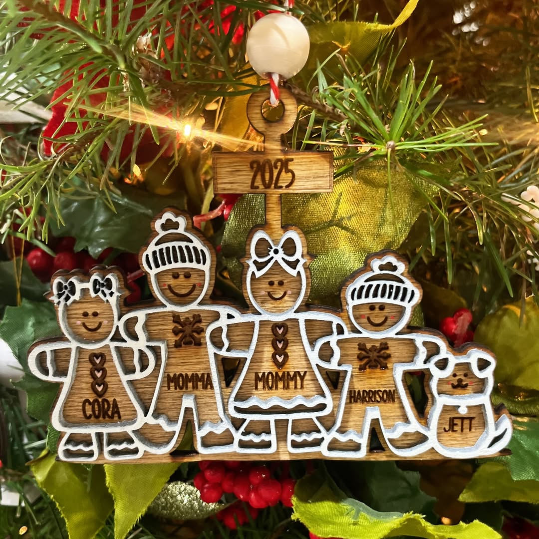 Personalized wooden gingerbread family ornament on a Christmas tree
